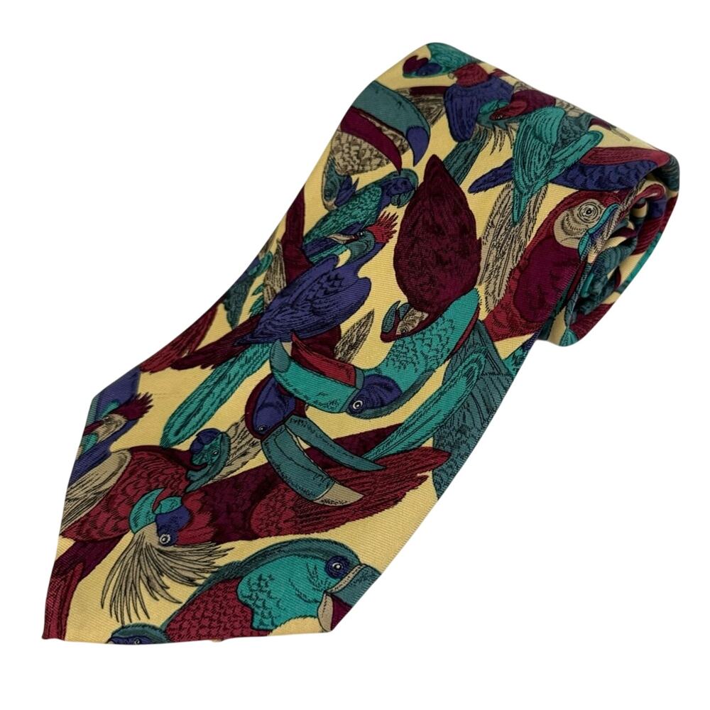 Vintage Paul Frederick Silk Tie Tropical Birds Parrot Pattern Mens One Size